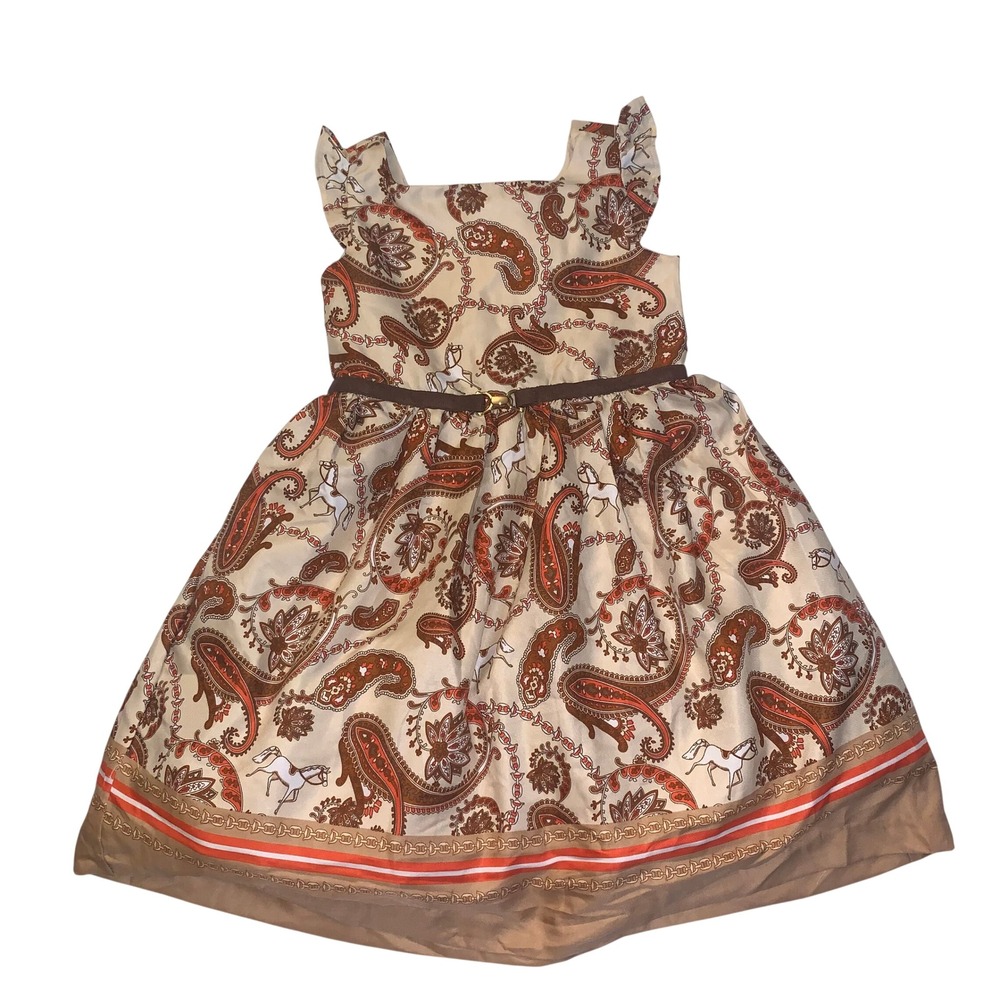 Janie and Jack Girls Paisley Horse Print Belted Dress Tan Brown Orange Size 3